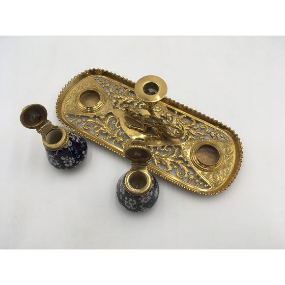 Antique Gilt Bronze Dragon Filigree and Ceramic Inkwell Candle Holder - Picture 6 of 8